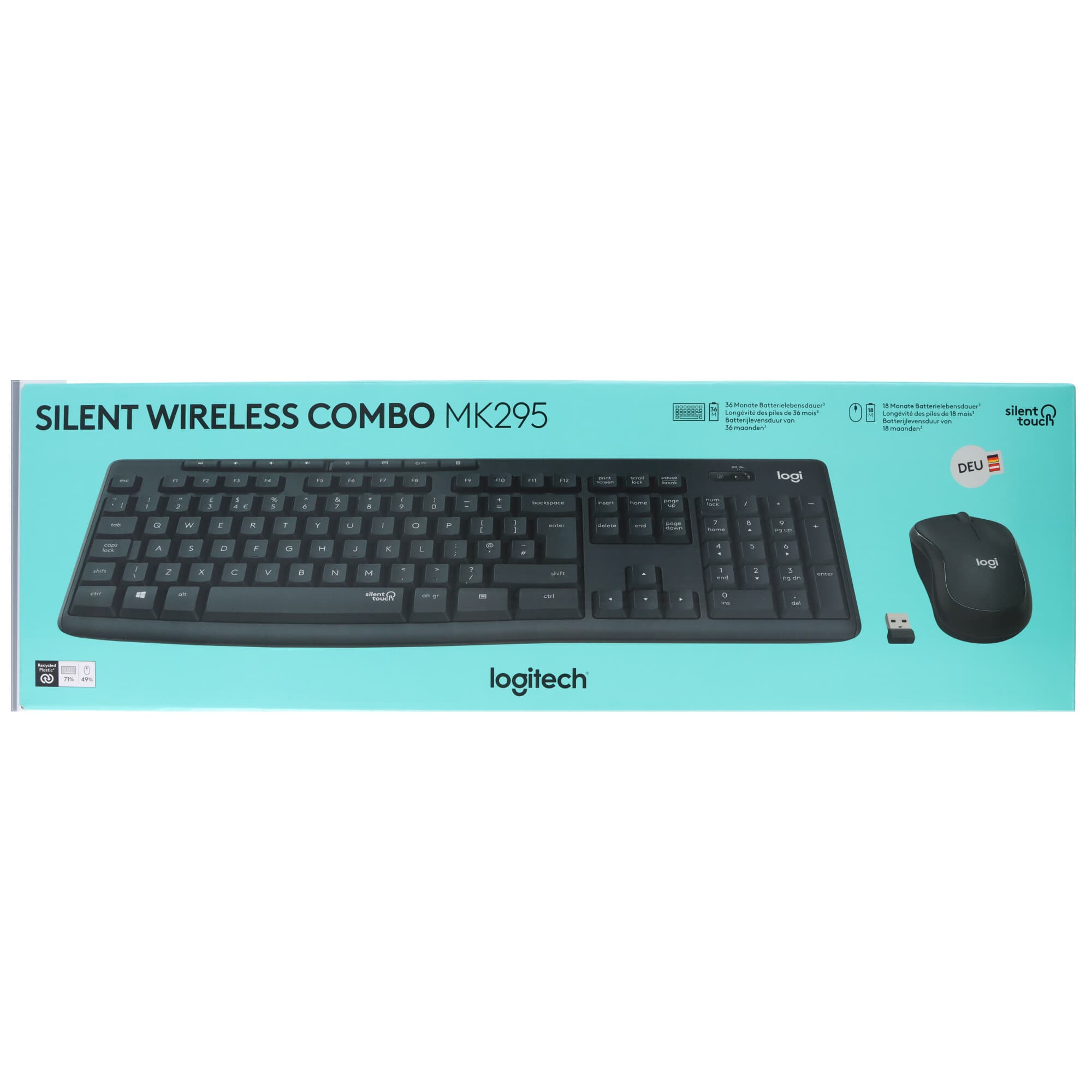 Ensemble clavier/souris Logitech MK295, Sans fil, graphite silencieux, DE, Optique, 1000 dpi, Vente au détail