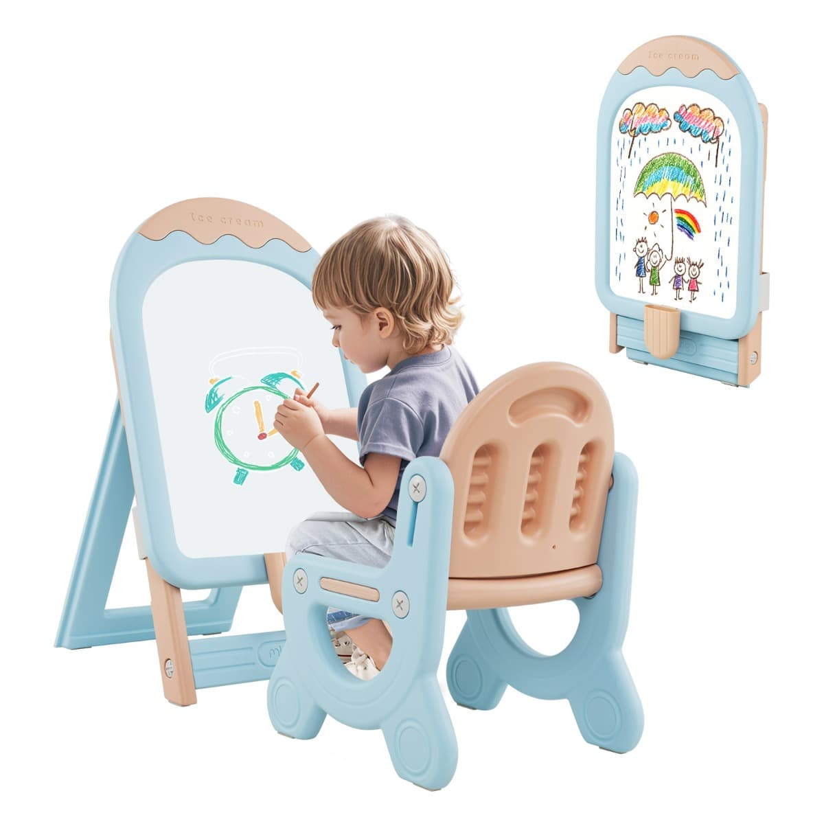 CostwayChevalet D'art pour Enfants avec Chaise Réglable en Hauteur et Pliable avec Tableau Blanc et Boîte de Rangement Patins Antidérapants Bleu