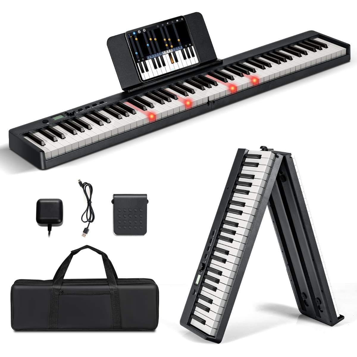 CostwayClavier de Piano Numérique Pliable avec 88 Touches Lourdes LED Pleine Grandeur Fonction 2 Clavier MP3/USB/MIDI Noir