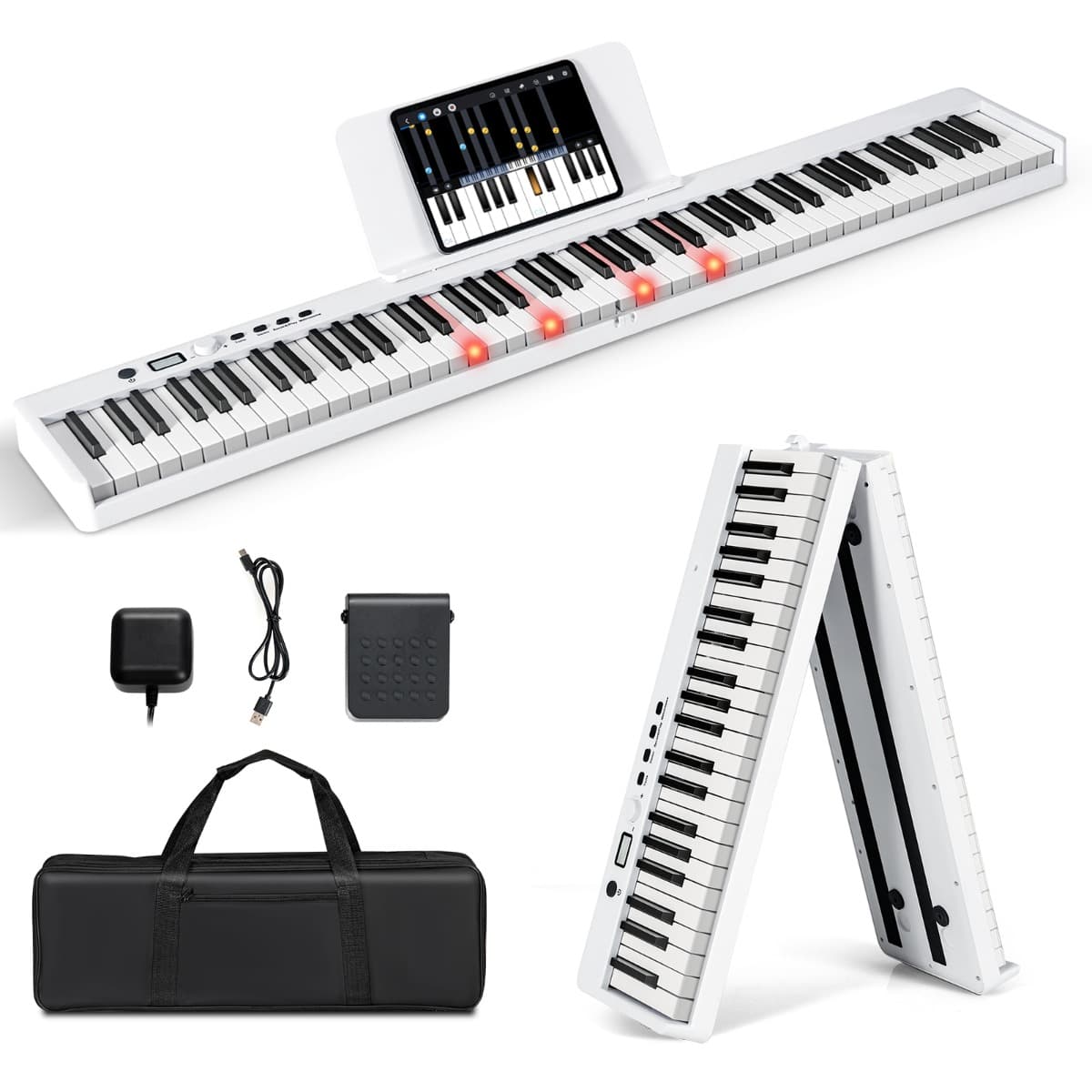 CostwayClavier de Piano Numérique Pliable avec 88 Touches Lourdes LED Pleine Grandeur Fonction 2 Clavier MP3/USB/MIDI Blanc