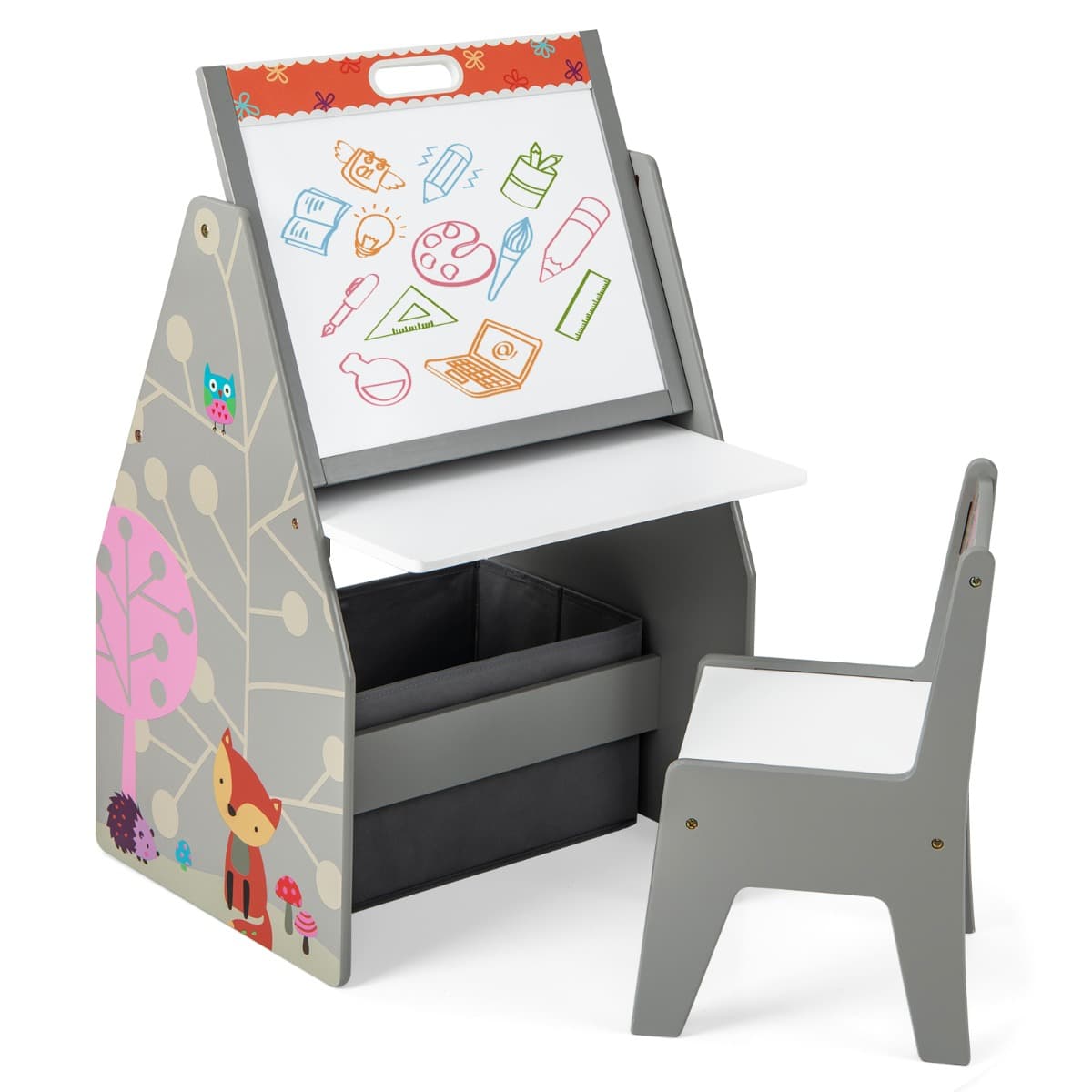 CostwayChevalet Artistique Double Face pour Enfants & Station de Jeu Ensemble Table et Chaise avec Tableau/Blanc Bac en Tissu & Étagère à Livres Gris