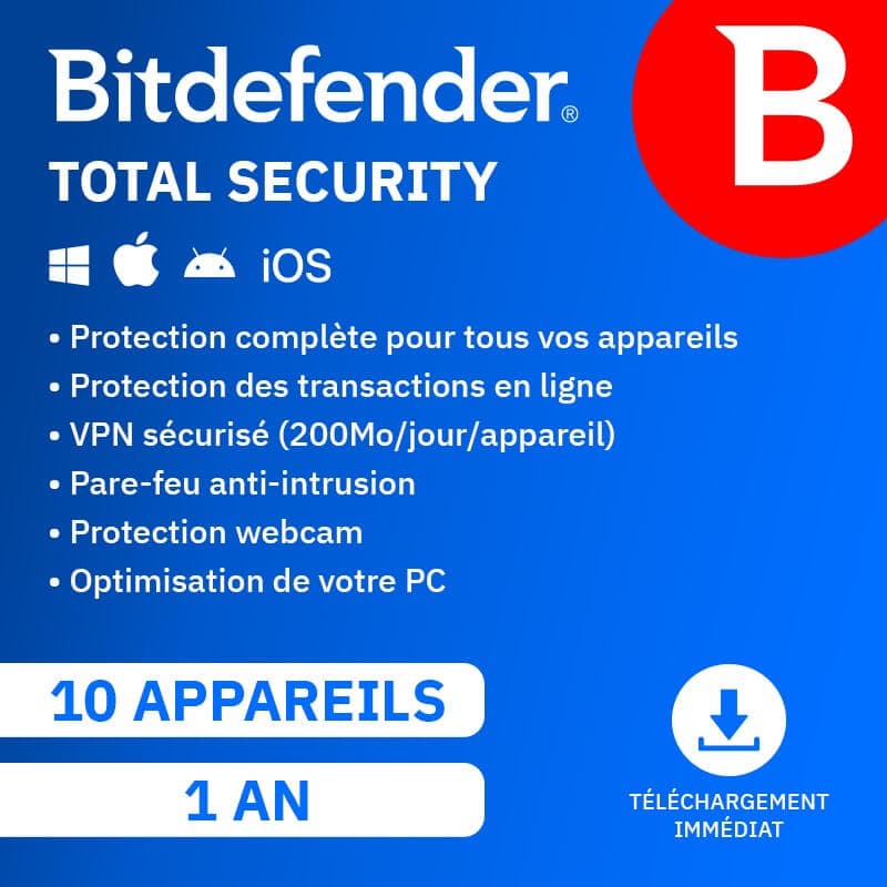 Bitdefender Total Security 2026 | Renouvellement automatique | 10 Appareils | 1 An | Téléchargement